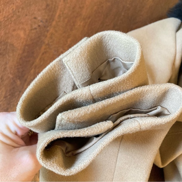 BURBERRY Camel Virgin Wool Cashmere Double Breasted Pea Coat Fox Fur Collar - Picture 9 of 11